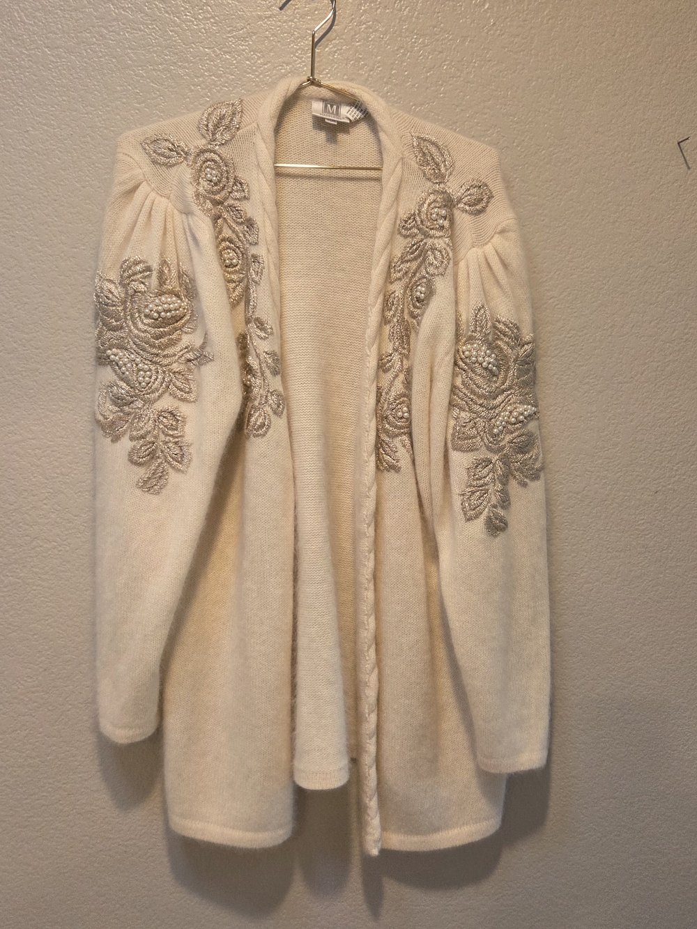 Vintage Madeleine Angora Pearl Embellished Cardigan L Ivory Silver Floral